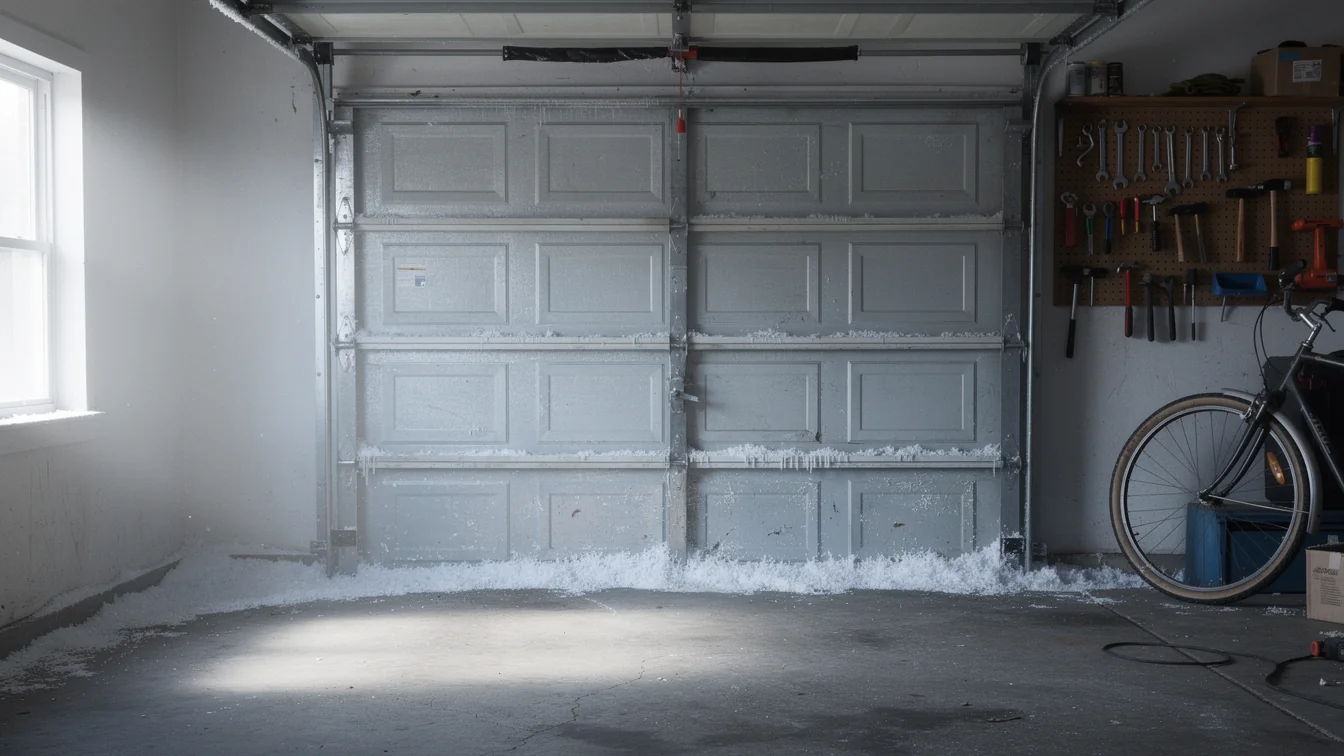 A closed garage door with snow and ice on the bottom panels and floor.