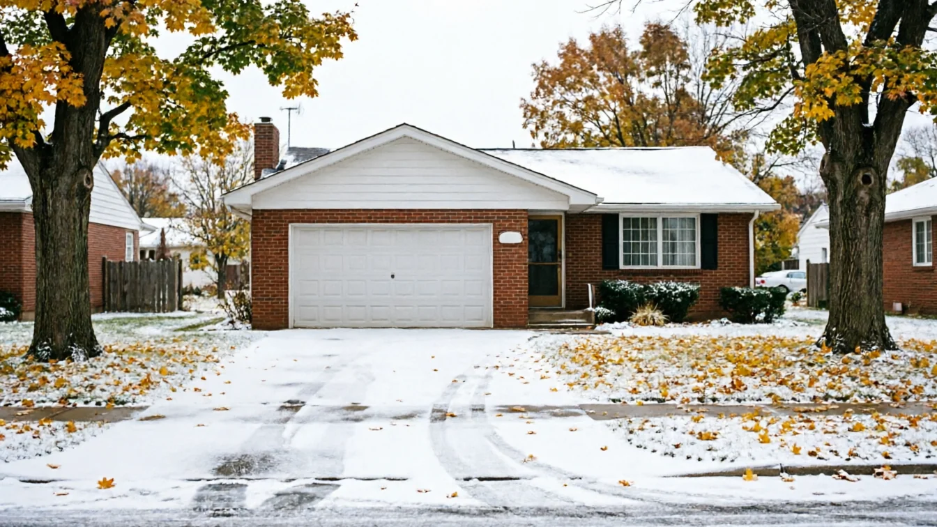 A brick house with a white garage door and a snow-covered yard.