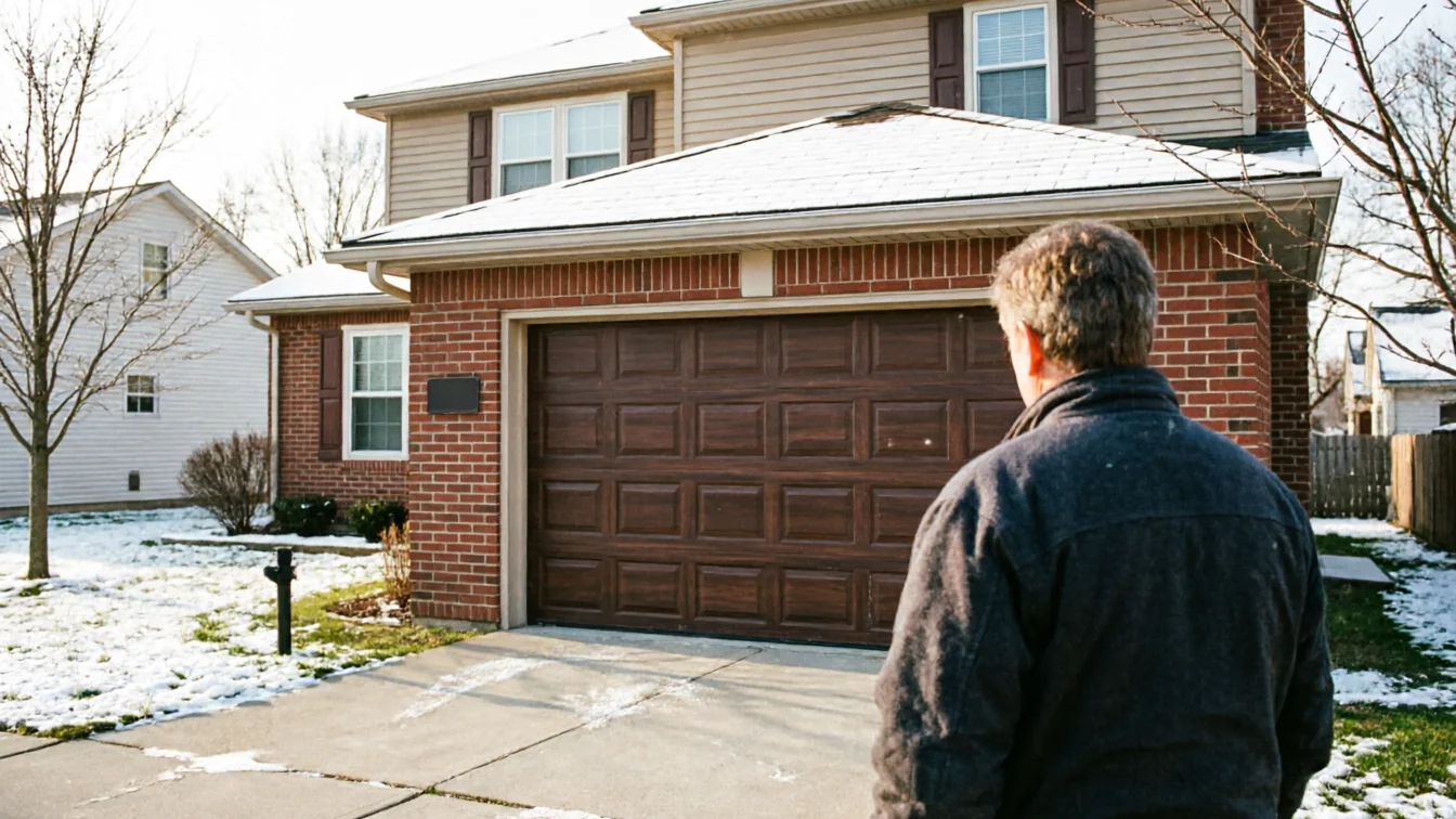 A technician stands in a snowy driveway looking at a brown garage door on a brick house.
