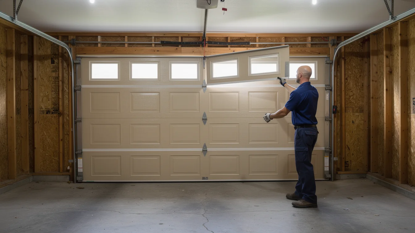 A technician installs a tan garage door with windows in a new garage.