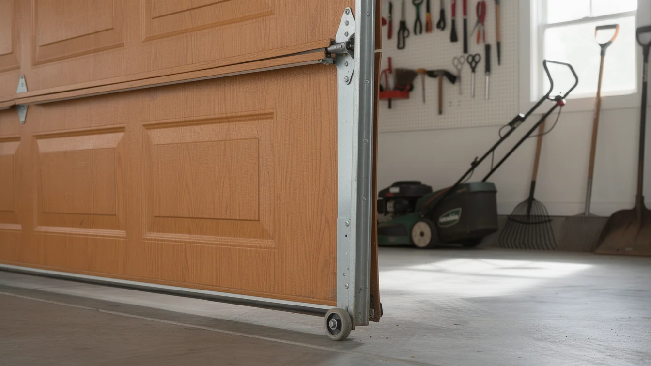 A brown garage door is partially open, revealing a garage interior.