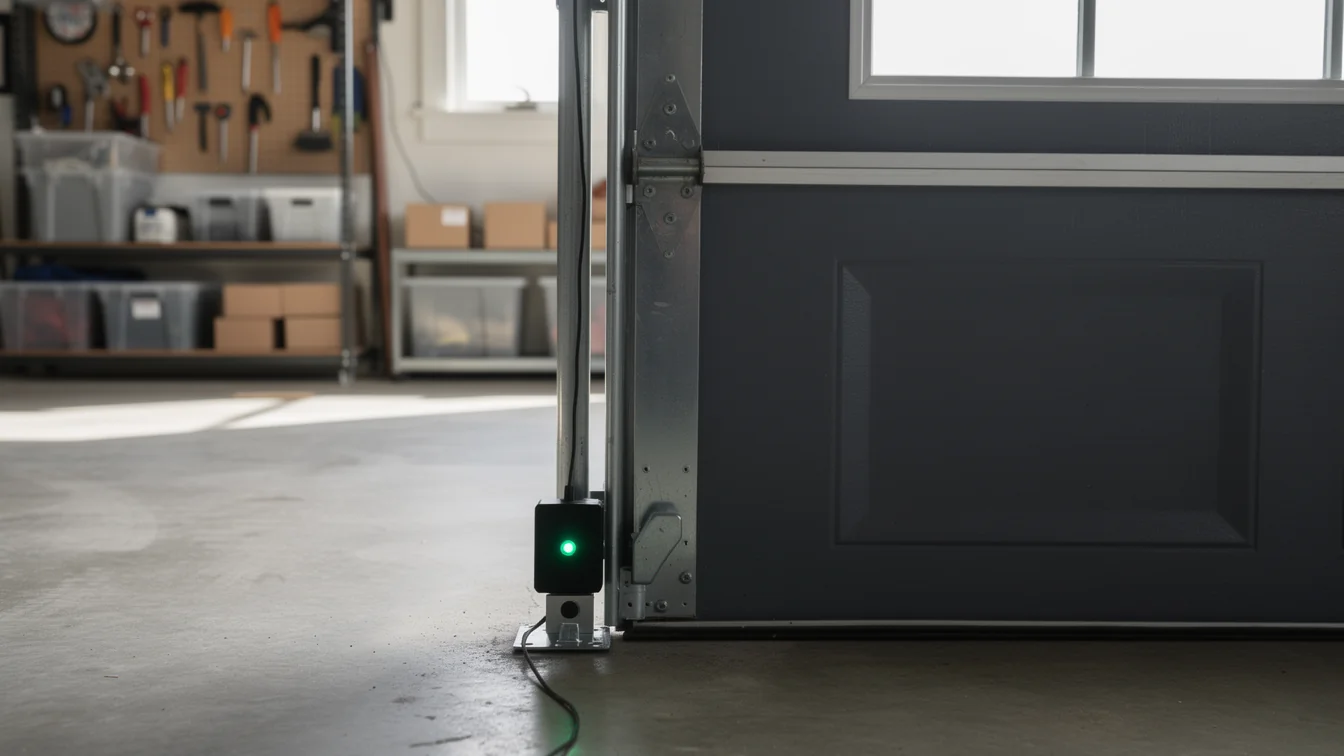 A green light glows on a garage door safety sensor near the floor.