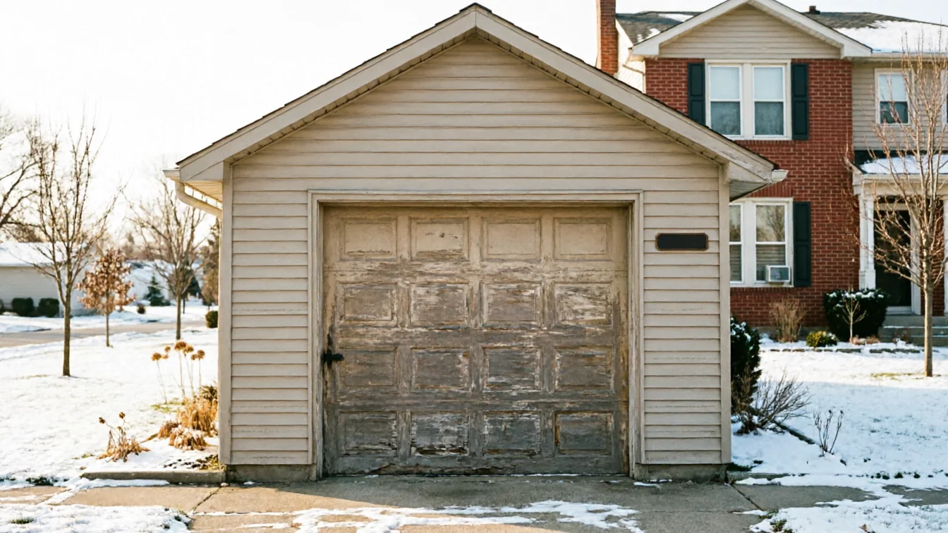 A detached garage with peeling paint on the garage door and snow on the ground.