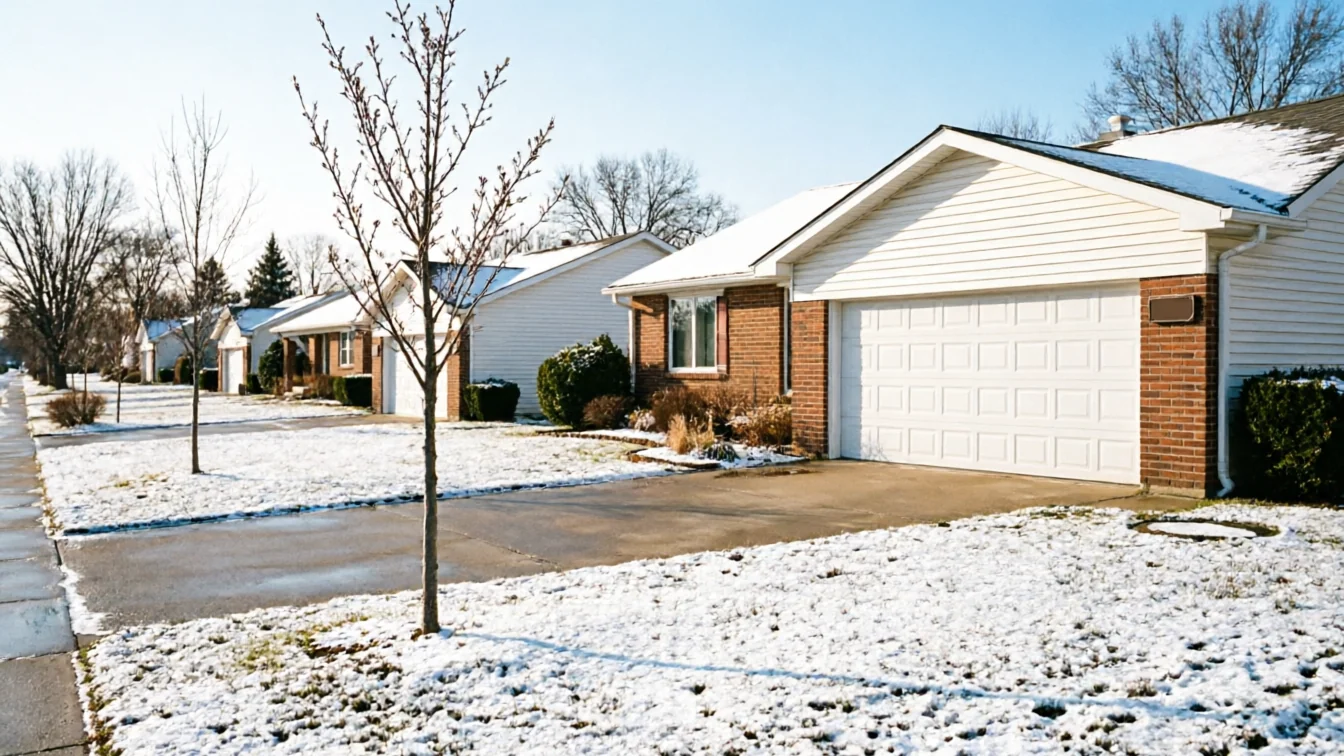 A row of houses with white garage doors and snow-covered lawns.